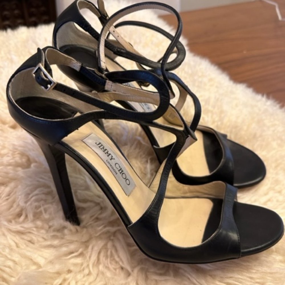 Jimmy Choo Black Leather Double Strap Sandal Size 39.5